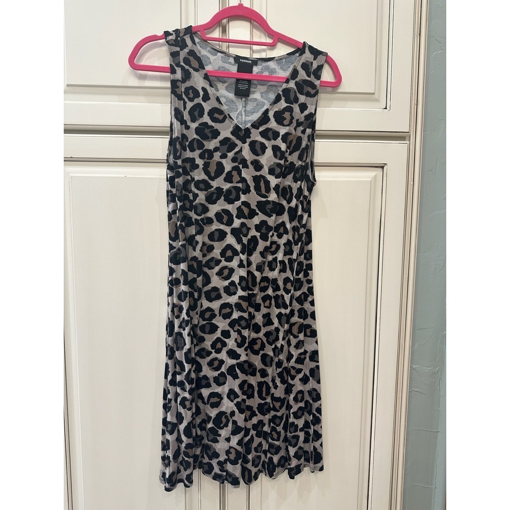 Premise Womens Gray Leopard Print Sleeveless V-Neck A-Line Knit Dress Large
